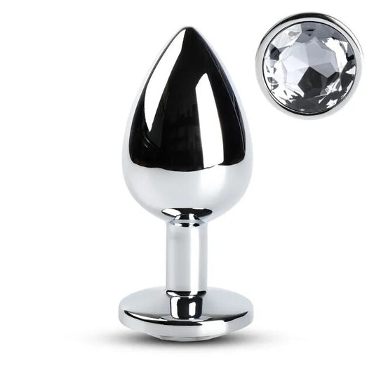 Large silver metal butt plug with a clear crystal at the base, shiny finish.