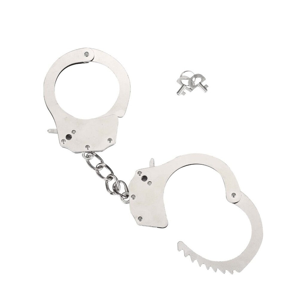 Heavy metal handcuffs from me you us, a shiny and robust piece of bondage gear.