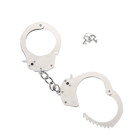 Heavy metal handcuffs from me you us, a shiny and robust piece of bondage gear.