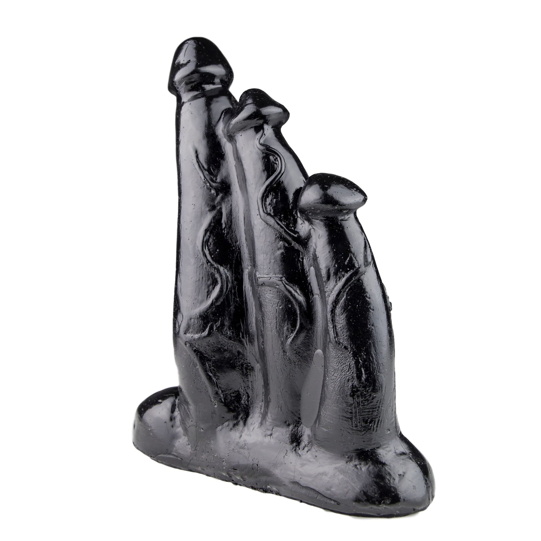 Three-pronged dildo in shiny purple and silver, a daring addition to your collection.