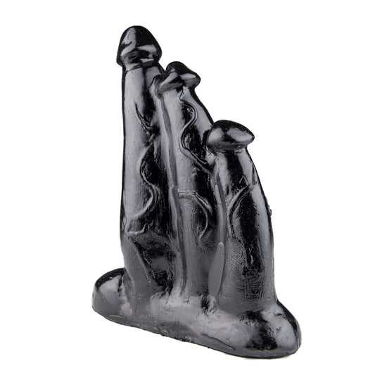 Three-pronged dildo in shiny purple and silver, a daring addition to your collection.