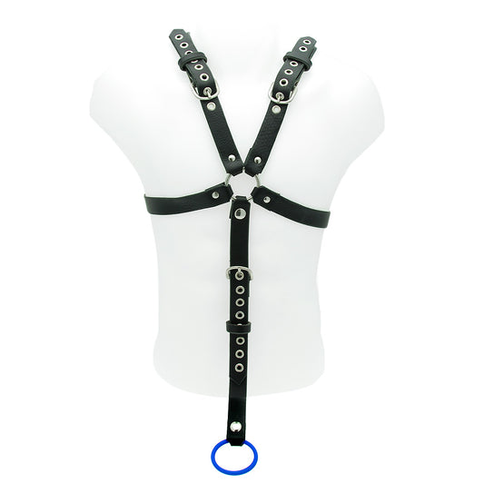 House of eros male harness and cock strap in black leather with metal buckle, restraints.