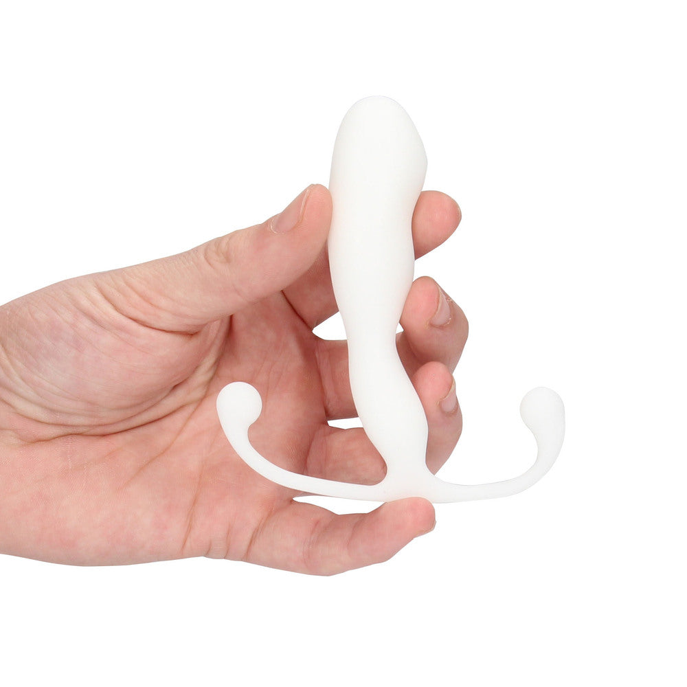 Close-up of a silver-grey aneros helix trident prostate massager showcasing its curved shape.