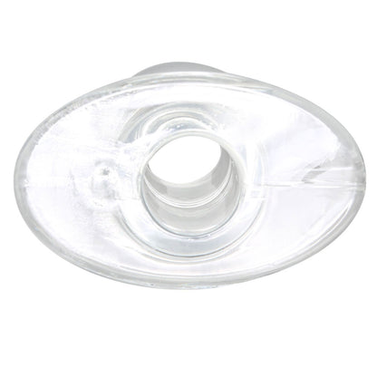 Clear, medium-sized tunnel plug for stretched piercings, showcasing a smooth, polished finish.