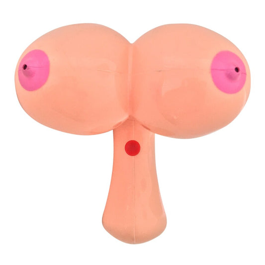 Novelty boobie-shaped water pistol from Spencer and Fleetwood, made of pink plastic, ready for squirting.