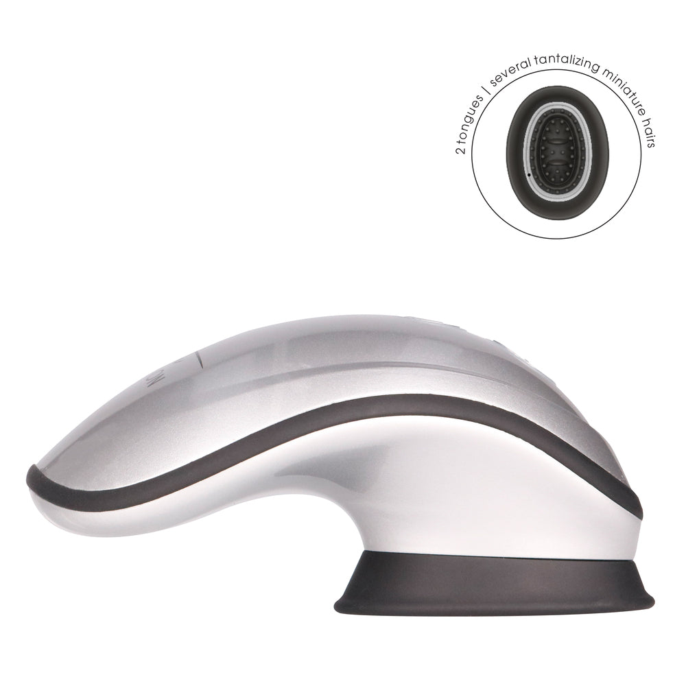 Silver hands-free clitoral vibrator with suction and vibration features, perfect for solo pleasure.