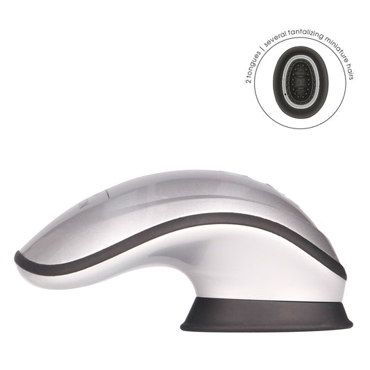 Silver hands-free clitoral vibrator with suction and vibration features, perfect for solo pleasure.