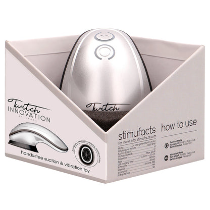 Silver hands-free suction vibrator toy from Shots Toys for clitoral stimulation, close up.