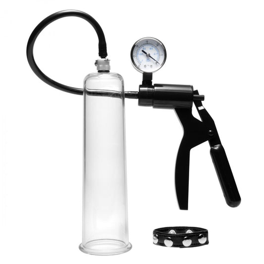 size matters large penis pump kit, clear cylinder with grey comfort sleeve