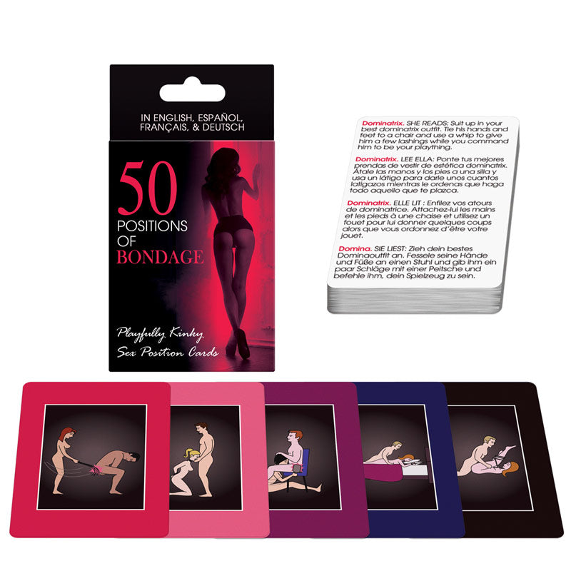 Kheper Games '50 Positions of Bondage' cards featuring a variety of playful sexual acts.