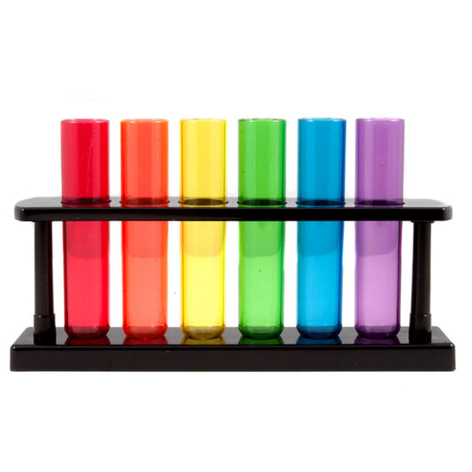 Kheper Games' test tube shooters game with colourful liquid and a wooden rack, fun for parties.