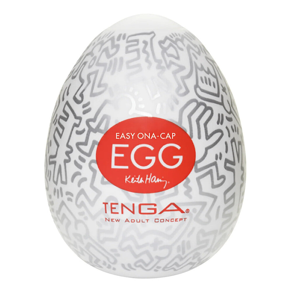 Tenga keith haring party egg masturbator with colourful design and textured interior for pleasure.