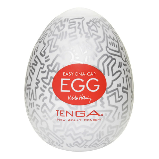 Tenga keith haring party egg masturbator with colourful design and textured interior for pleasure.