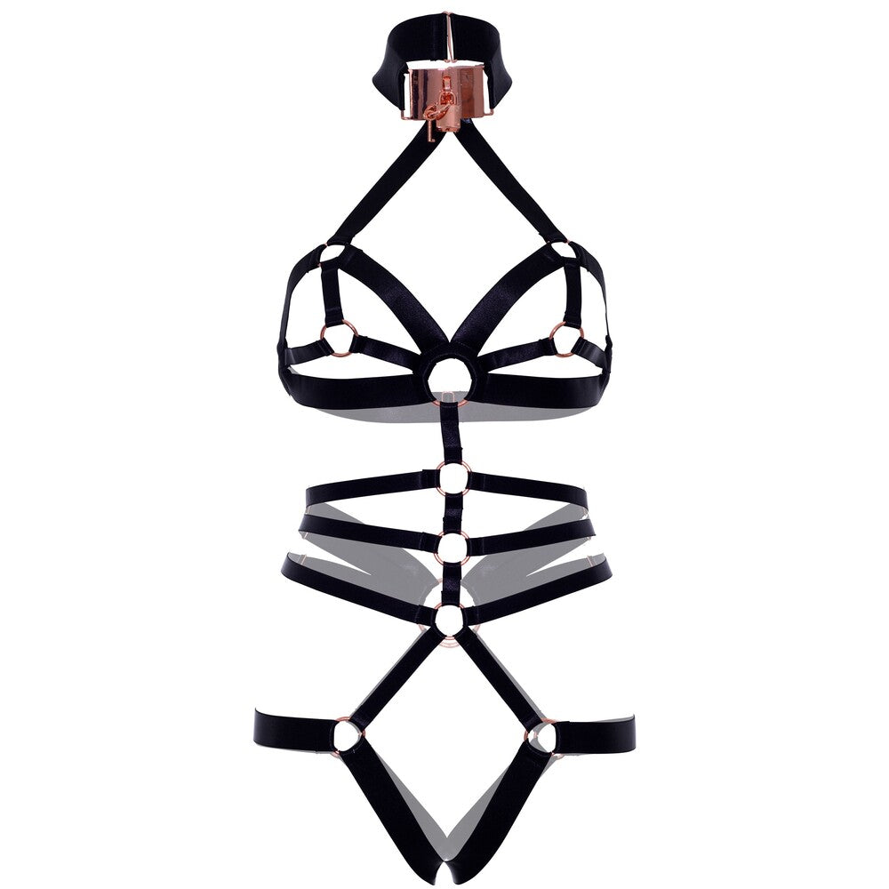 Leg Avenue crotchless teddy in a shimmering satin with playful elastic detailing.