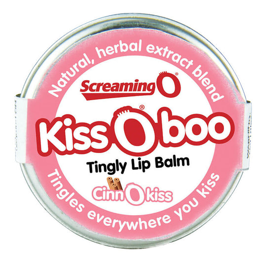 Screaming o kissoboo tingly cinnamon lip balm in a small, silver coloured container.