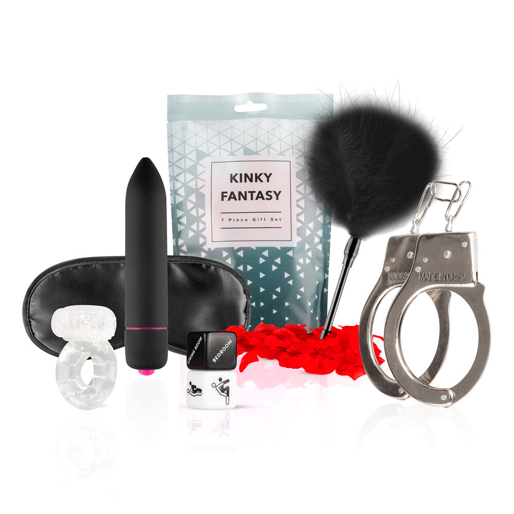 loveboxxx kinky fantasy bondage kit gift set, various black restraint items displayed.