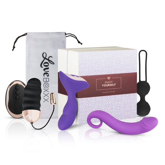 Loveboxxx solo women's gift box set with various pleasure objects inside, enticing and fun.
