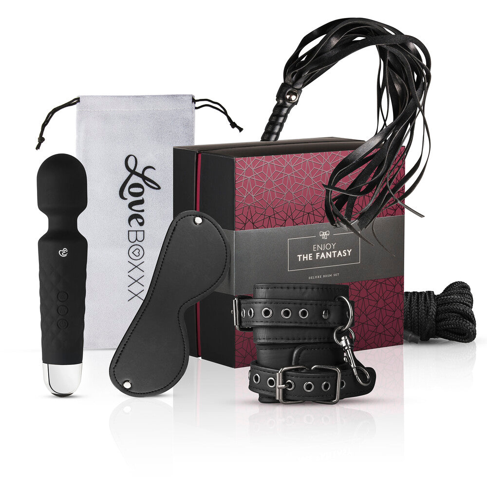 Loveboxxx bondage kit containing various restraints and accessories, presented in a neat box.