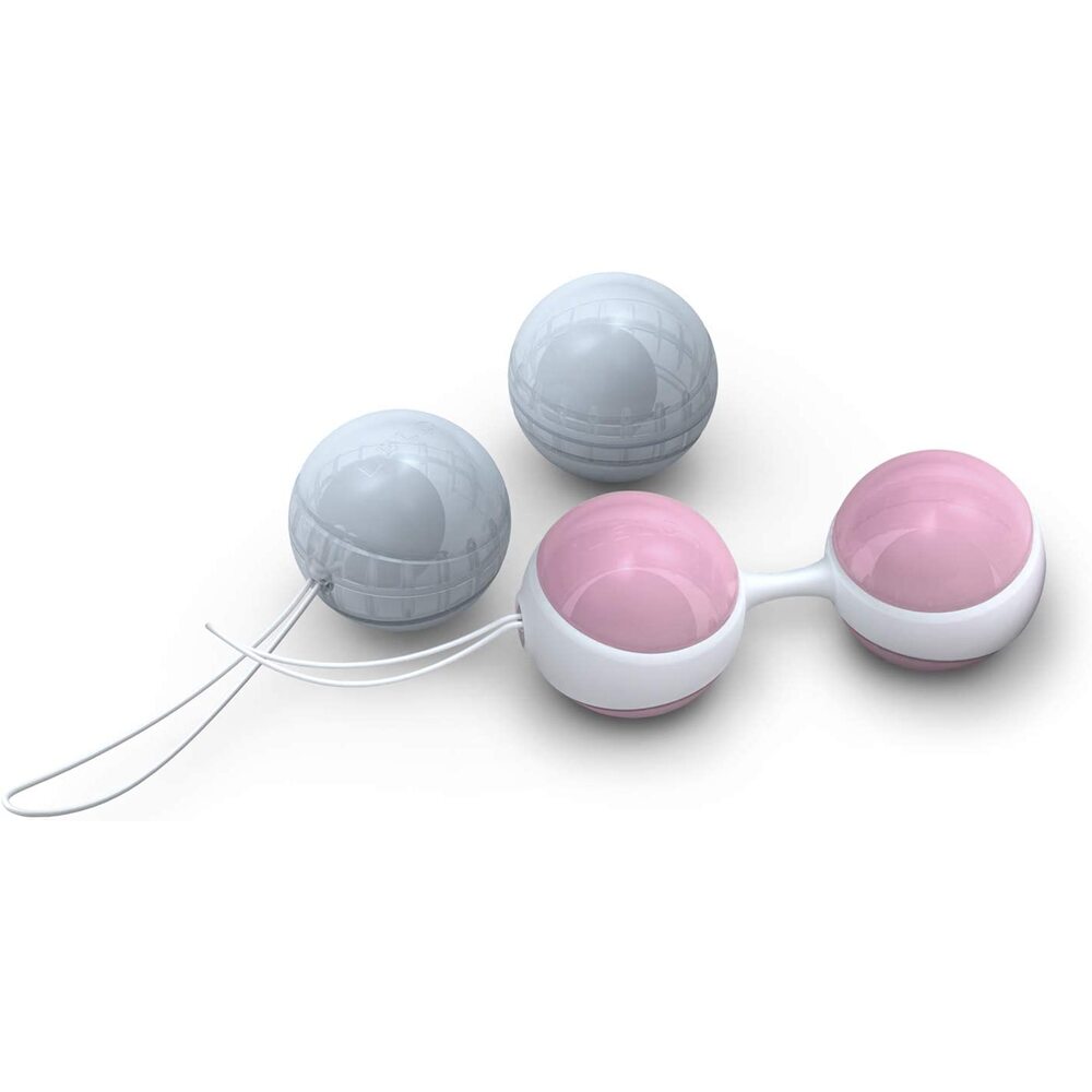 Pink and blue weighted pleasure balls from Lelo, designed to enhance orgasm intensity.