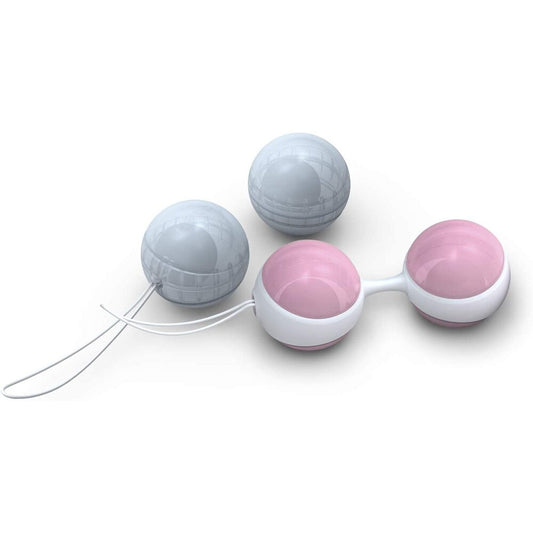 Pink and blue weighted pleasure balls from Lelo, designed to enhance orgasm intensity.
