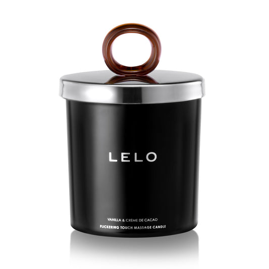 Lelo massage candle, vanilla and cacao scent, in a sleek, opaque container, ready for a sensual massage.