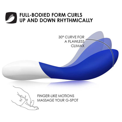 Midnight blue lelo mona wave vibrator showcasing its curved shape and smooth, matte finish.