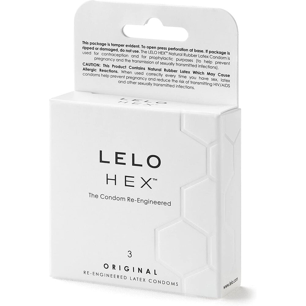 three-pack of lelo hex original condoms, natural latex rubber for intimate use
