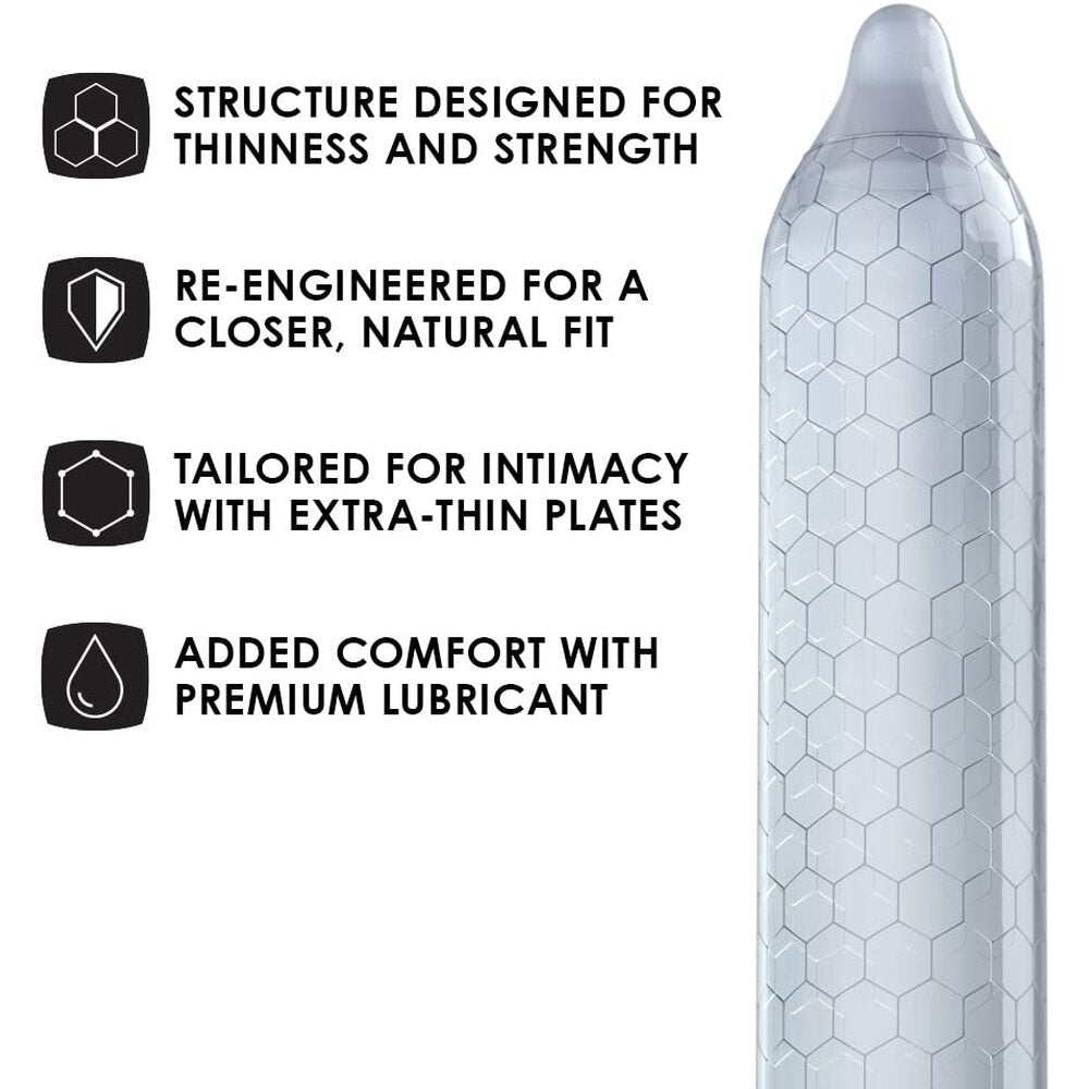 Close-up of a three-pack of Lelo Hex Original condoms, natural latex rubber.
