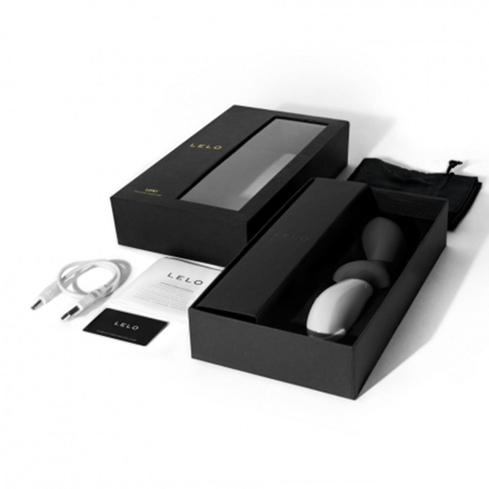 Obsidian black prostate massager from lelo, textured for enhanced pleasure and comfort.