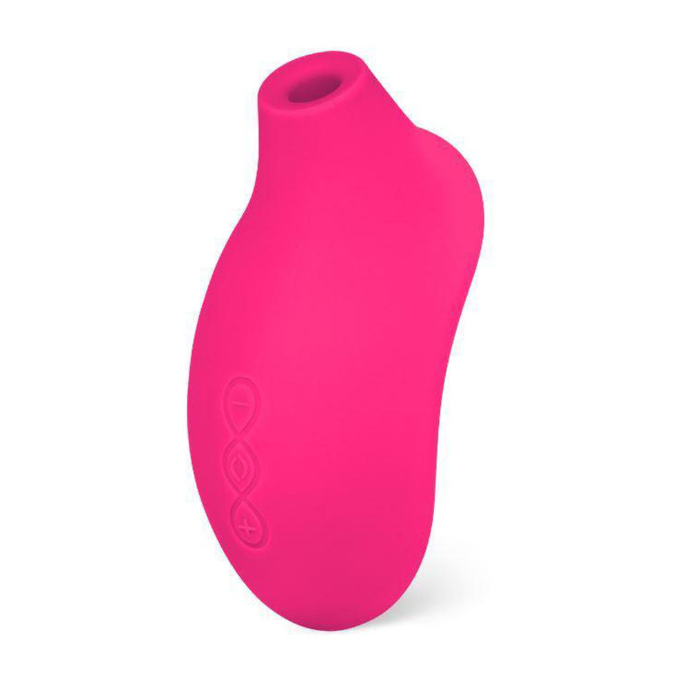 A cerise-coloured sonic clitoral massager by Lelo, made of smooth silicone for pleasure.