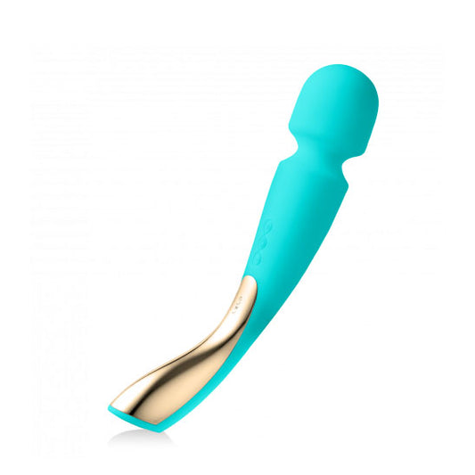 Close-up of a large, aqua-coloured Lelo Smart Wand 2 massager, showing its smooth, waterproof design.