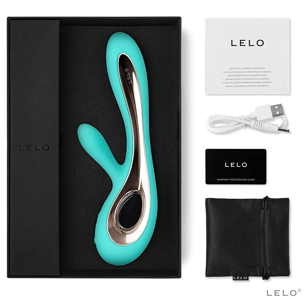Aqua lelo soraya 2 dual rabbit vibrator showing the smooth silicone finish and curved shape
