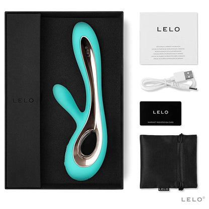 Aqua lelo soraya 2 dual rabbit vibrator showing the smooth silicone finish and curved shape