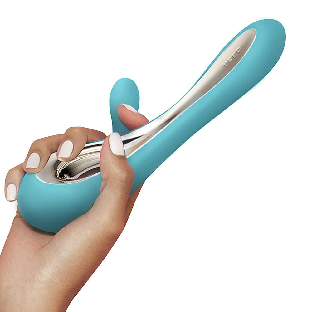 Aqua-coloured lelo soraya 2 dual rabbit vibrator with smooth, body-safe silicone finish for sensual pleasure.