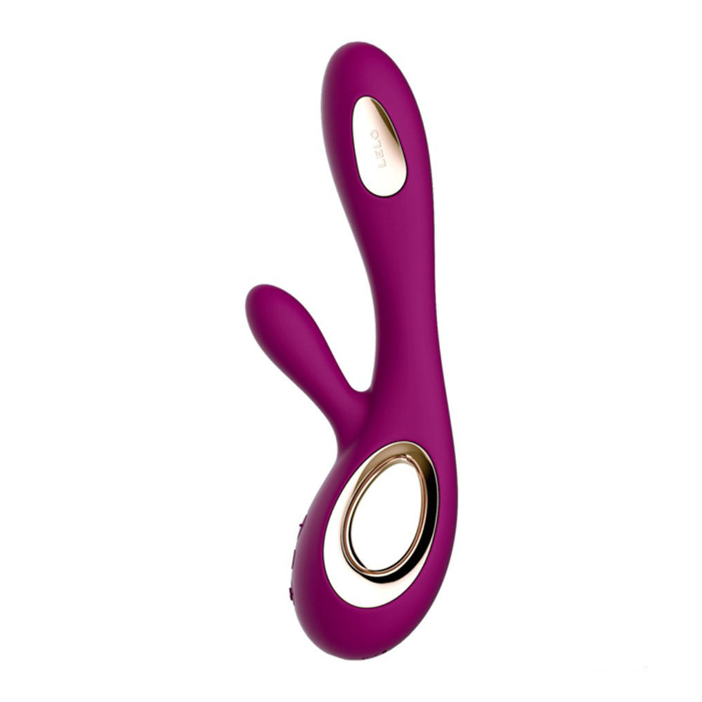 Rose-pink, dual-action Lelo Soraya Wave rechargeable vibrator, waterproof and made for sensual pleasure.
