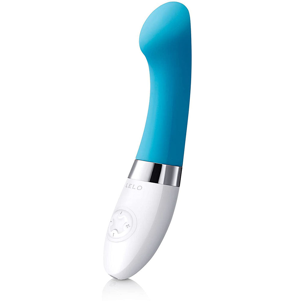 Turquoise blue g-spot vibrator, the Lelo Gigi 2, made from smooth silicone.
