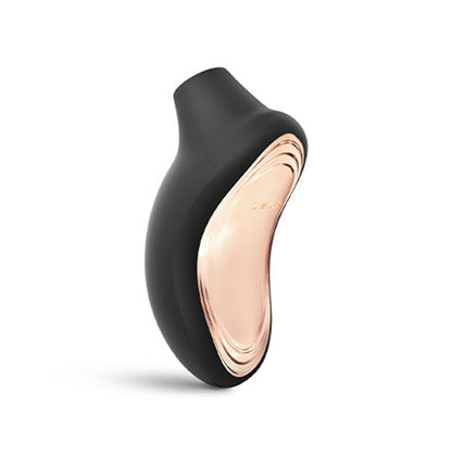 Close-up of a black, smooth silicone Lelo Sona 2 clitoral vibrator for pleasure.