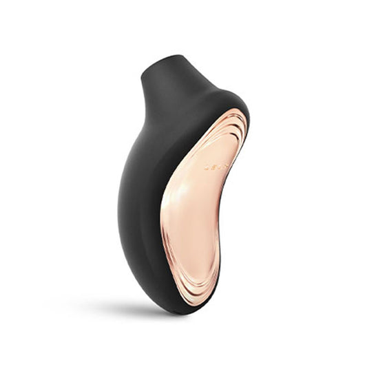 Close-up of a black, smooth silicone Lelo Sona 2 clitoral vibrator for pleasure.