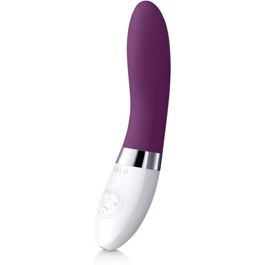 A plum-coloured, smooth silicone g-spot vibrator by lelo, showcasing its curved design.