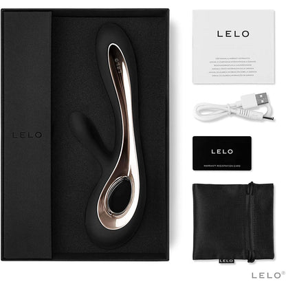 Close-up of a sleek black Lelo Soraya 2 dual rabbit vibrator, a luxurious pleasure object.