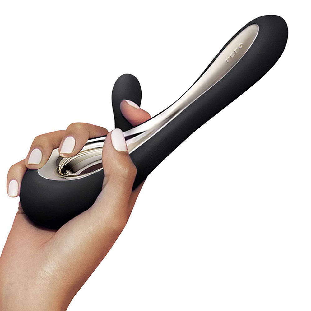 Close-up of the black lelo soraya 2 dual rabbit vibrator, showcasing its sleek design.