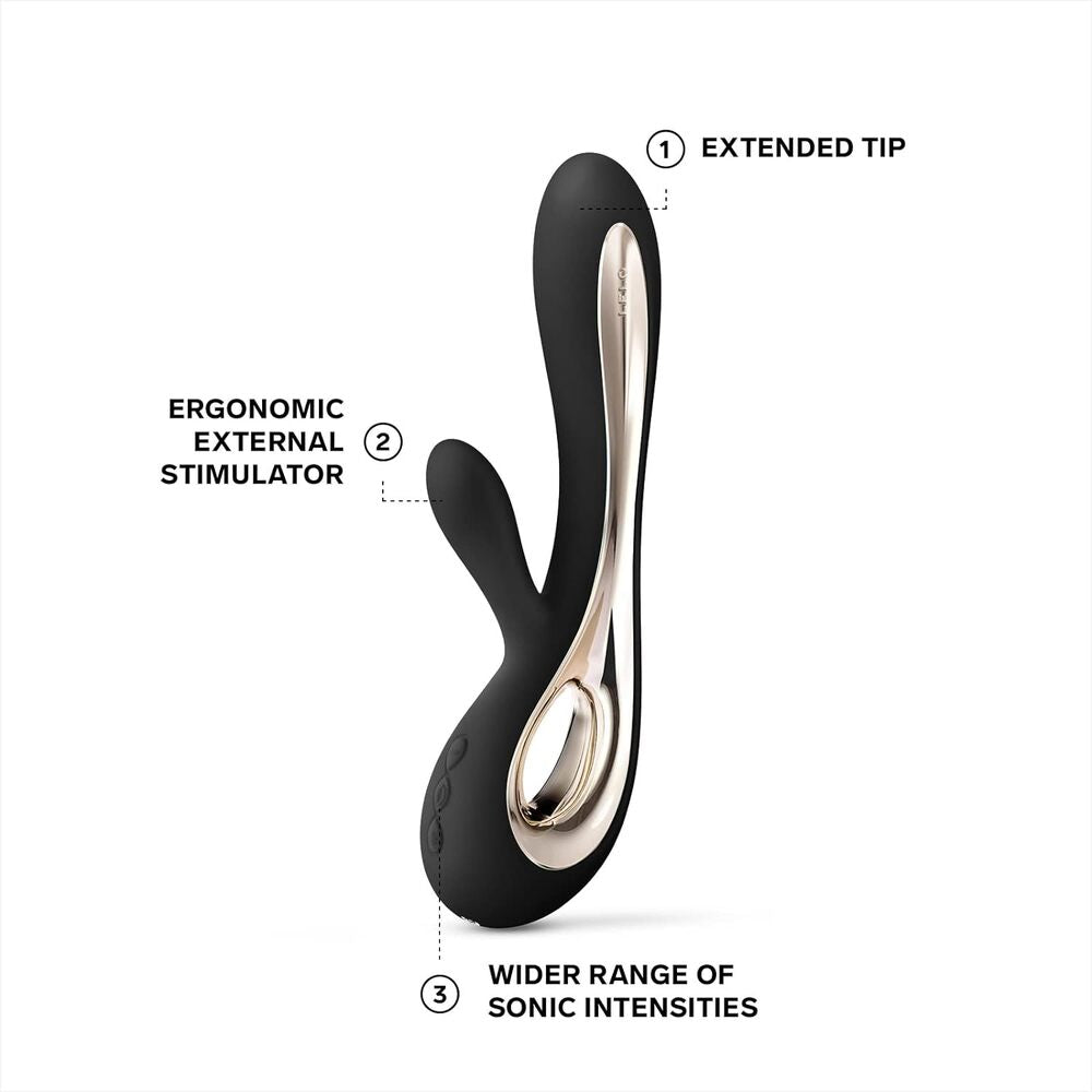 Close-up of the Lelo Soraya 2 black rabbit vibrator, showing the dual stimulators.