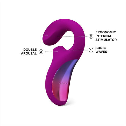 Deep rose Lelo Enigma dual massager, a vibrator for g-spot stimulation, close up.