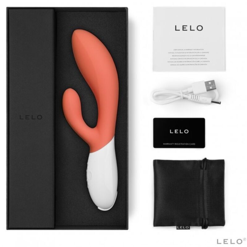 Coral-coloured Lelo Ina 3 dual-action massager, a vibrator with clitoral stimulation, on display.