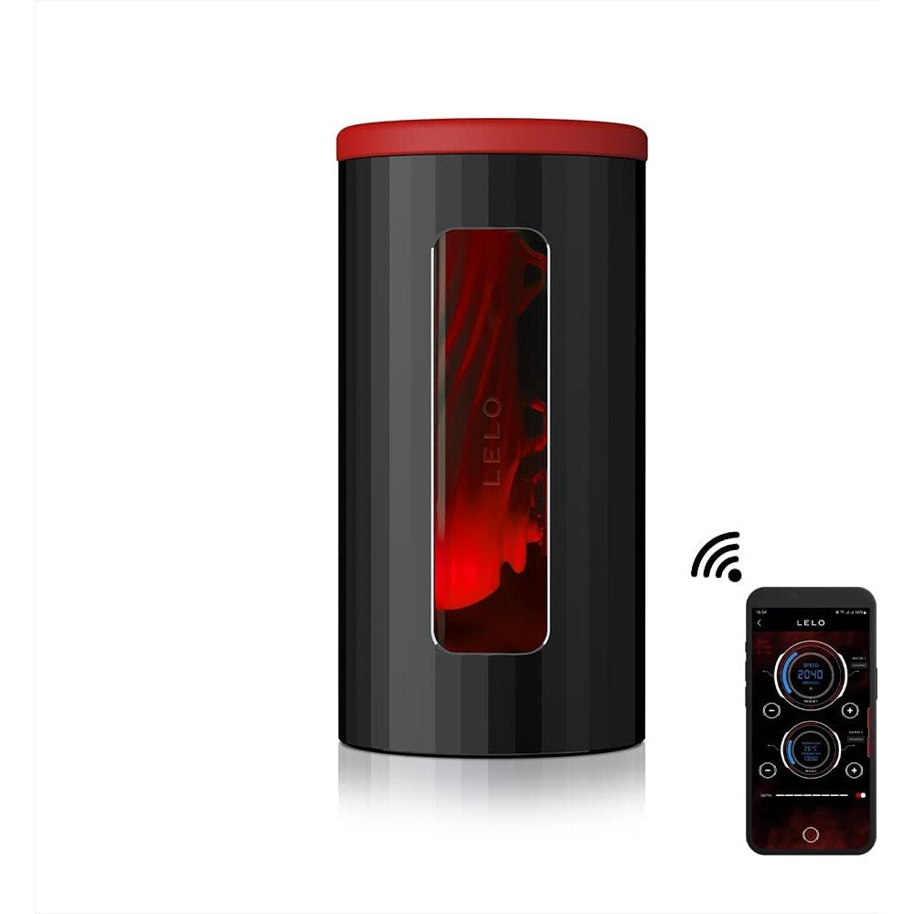 The Lelo F1S V2X in red: a vibrating masturbator for men, sleek and high-tech.