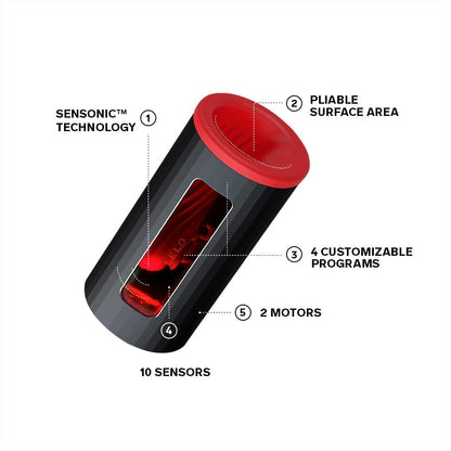 A red Lelo F1S V2X masturbator; textured silicone for enhanced pleasure and stimulation.