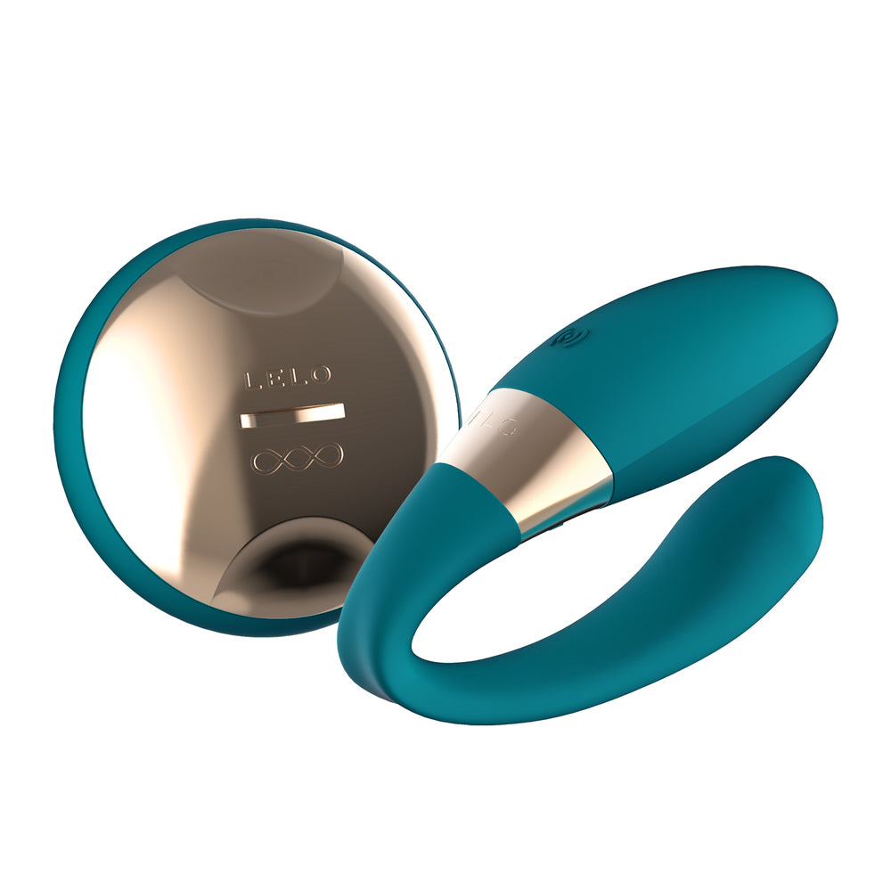 Ocean blue couples massager with clitoral stimulator by lelo for luxurious pleasure.