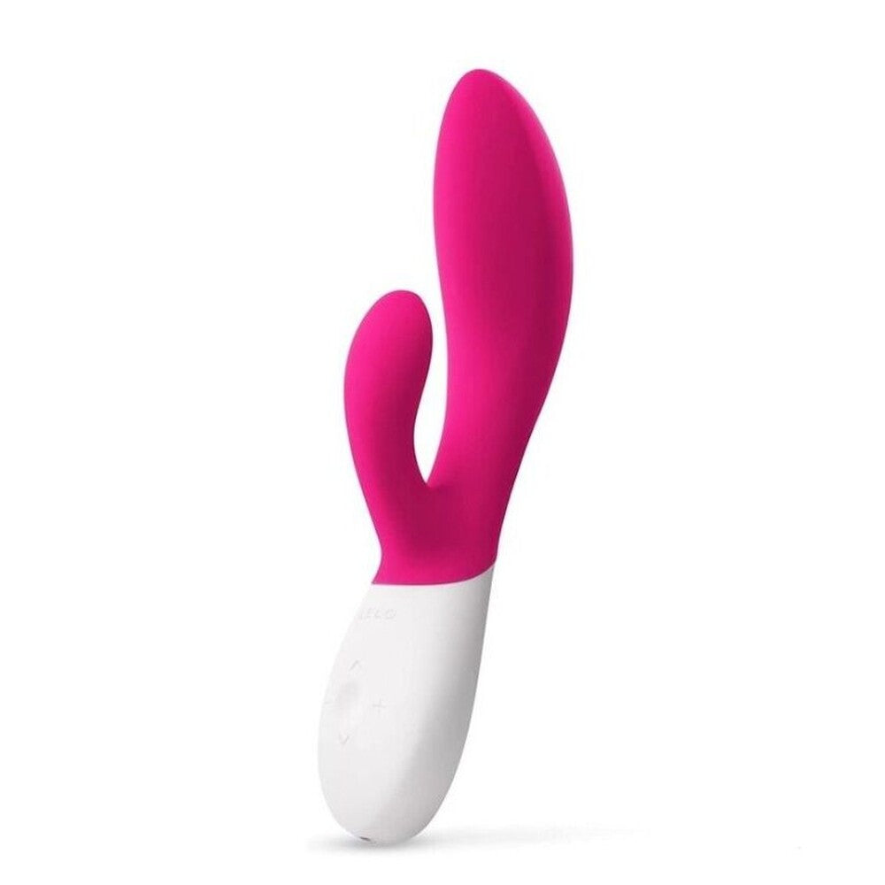 A cerise-coloured, luxury rechargeable vibrator with a smooth, curved design for g-spot stimulation.