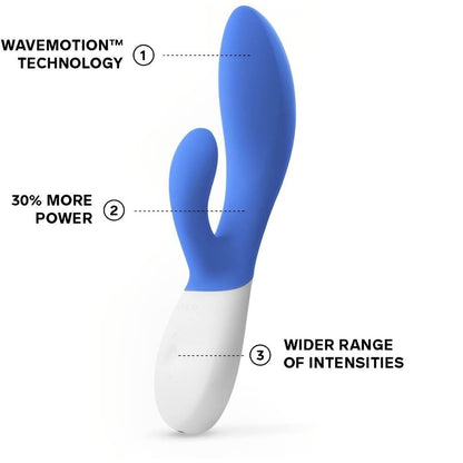 Close-up of a smooth, curved, luxurious blue g-spot vibrator by lelo, rechargeable.