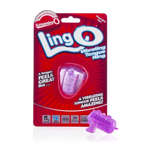 Close-up of a purple Screaming O LingO tongue vibrator, a sex toy with textured detail.